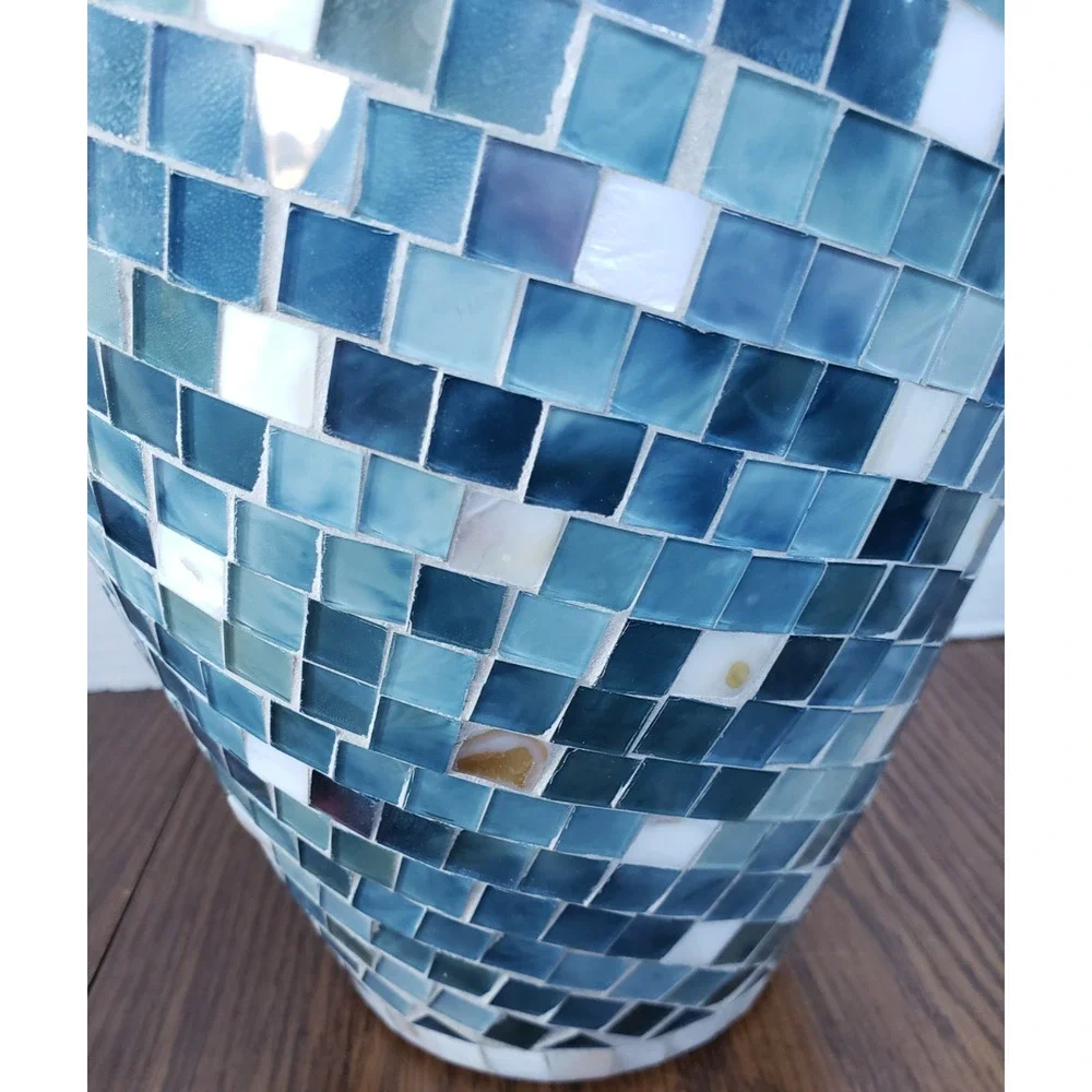 Mosaic 12 Inch Tall Blue White Tiled Glass Large Vase